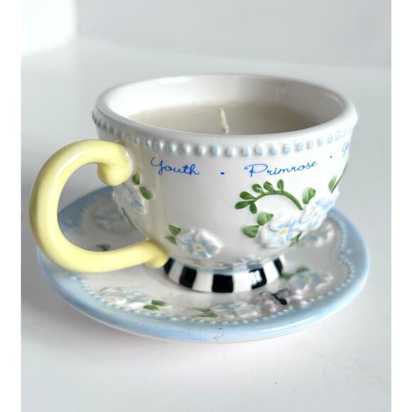Mary Engelbreit Michel Co Teacup Candle w Saucer Youth Primrose 2003 - Picture 1 of 7